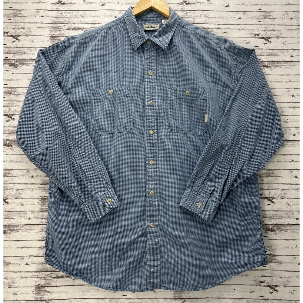 LL Bean Mens XL Regular Cotton Double Pocket Work Shirt OCD83 Blue Micro Check